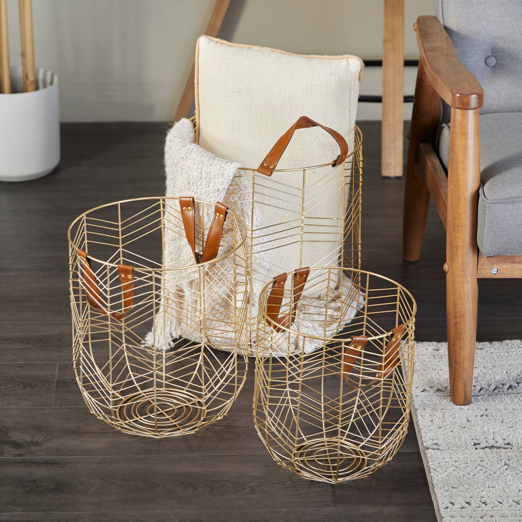 CosmoLiving by Cosmopolitan Gold Metal Storage Basket with Faux Leather Handles Set of 3 16", 14", 12"